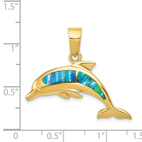 14kt Yellow Gold Lab Created Opal Dolphin Pendant