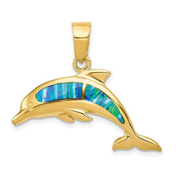 14kt Yellow Gold Lab Created Opal Dolphin Pendant