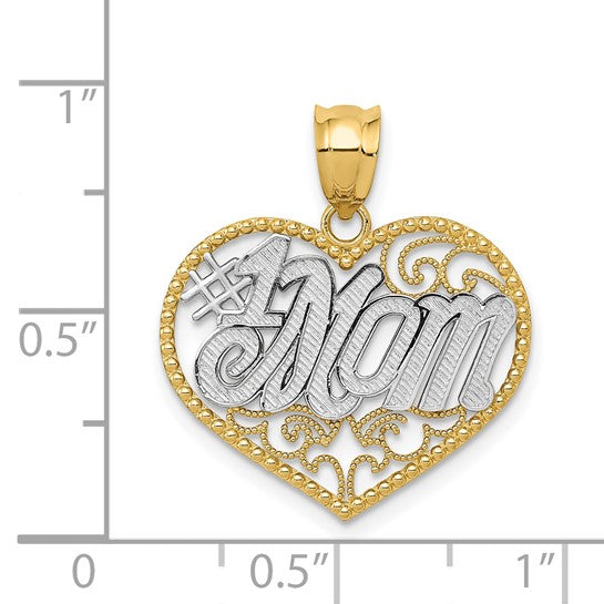 14kt Yellow Gold and White Rhodium Filigree #1 Mom Heart Pendant