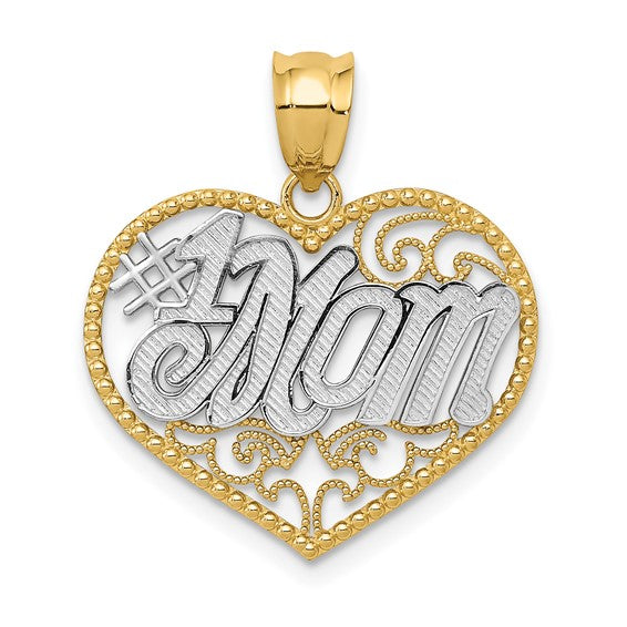 14kt Yellow Gold and White Rhodium Filigree #1 Mom Heart Pendant