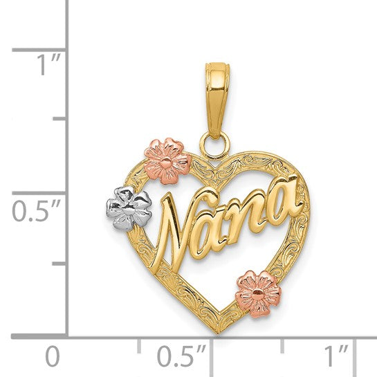 14kt Tri-color NANA in Heart with Flowers Pendant