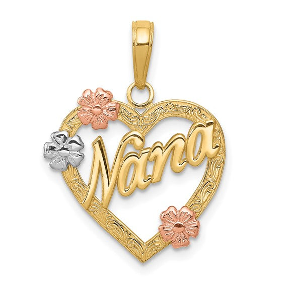 14kt Tri-color NANA in Heart with Flowers Pendant
