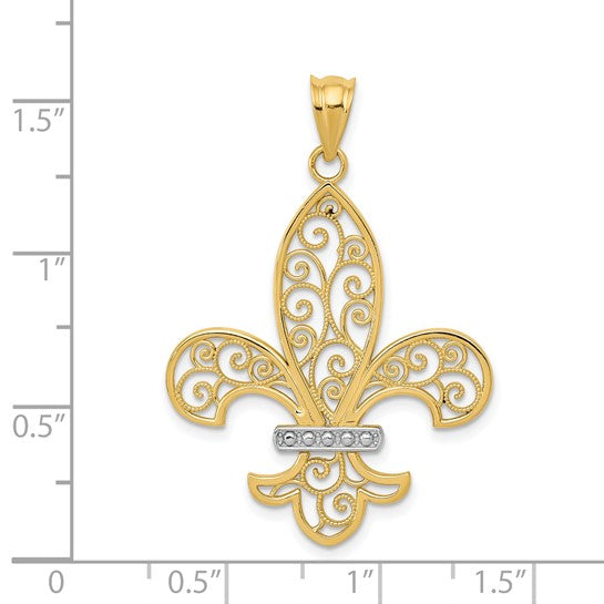 14kt Yellow Gold and Rhodium Filigree Fleur de Lis Pendant