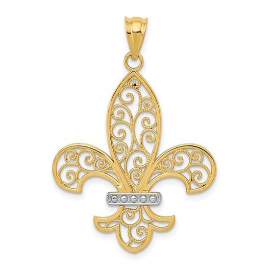 14kt Yellow Gold and Rhodium Filigree Fleur de Lis Pendant