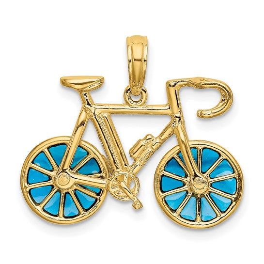 14KT Yellow Gold 3-D Blue Enameled Moveable Bicycle Pendant