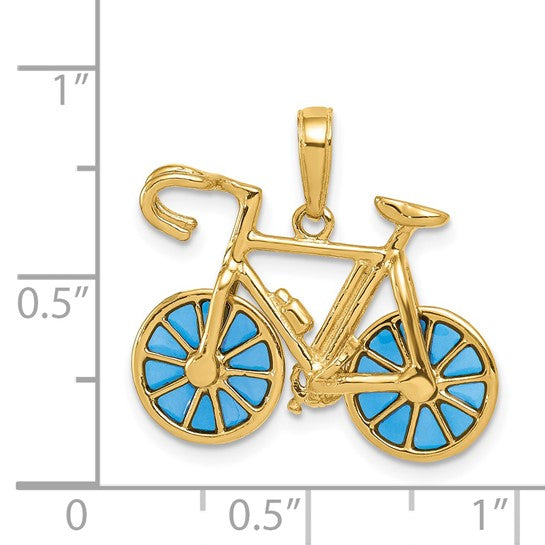 14KT Yellow Gold 3-D Blue Enameled Moveable Bicycle Pendant