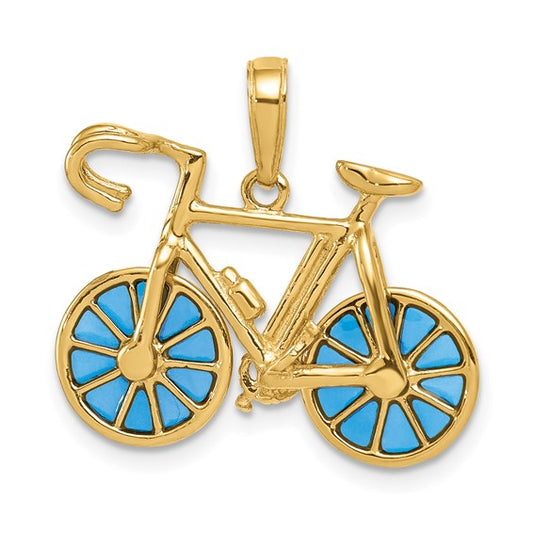 14KT Yellow Gold 3-D Blue Enameled Moveable Bicycle Pendant