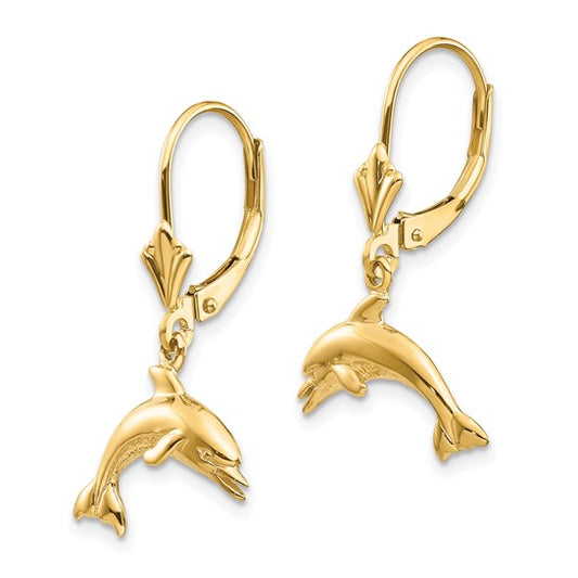 14kt Yellow Gold Jumping Dolphin Leverback Earrings