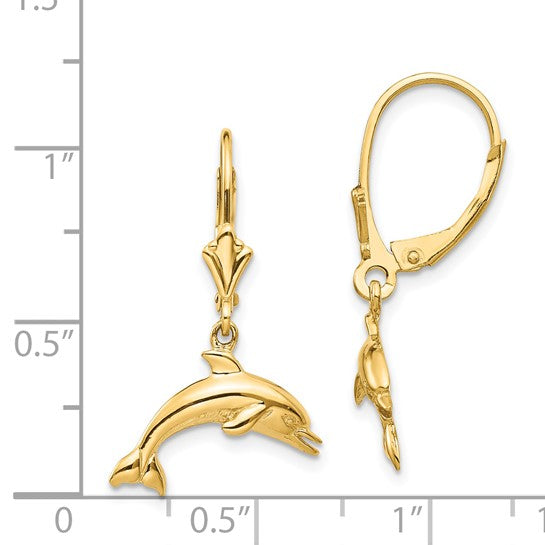 14kt Yellow Gold Jumping Dolphin Leverback Earrings