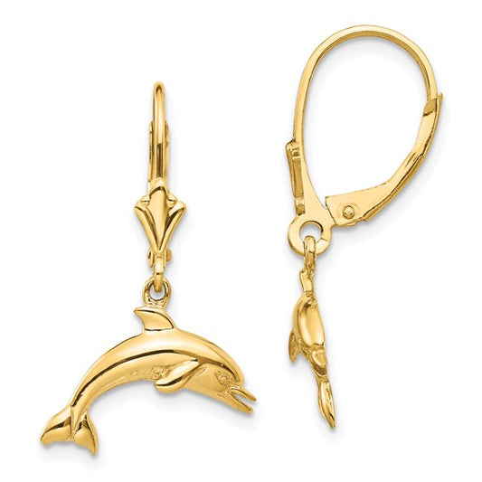 14kt Yellow Gold Jumping Dolphin Leverback Earrings