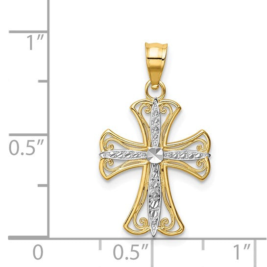 14kt Yellow Gold w/Rhodium Diamond-cut Cross Pendant