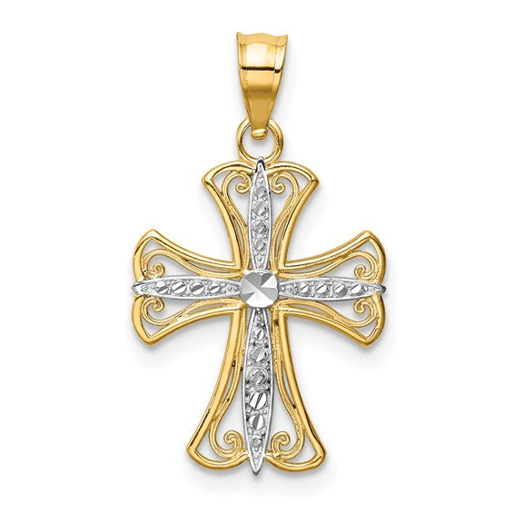 14kt Yellow Gold w/Rhodium Diamond-cut Cross Pendant