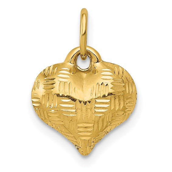 14KT Yellow Gold Polished Basket Weave Pattern 3-D Heart Pendant