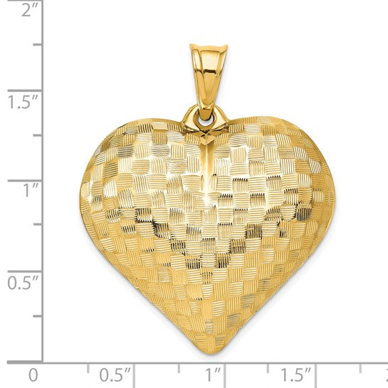 14KT Yellow Gold Polished Basket Weave Pattern 3-D Heart Pendant