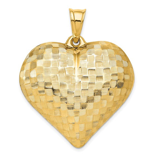 14KT Yellow Gold Polished Basket Weave Pattern 3-D Heart Pendant