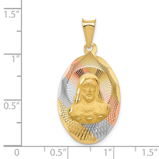 14KT w/Rose and White Rhodium D/C Sagrado Corazon Oval Pendant