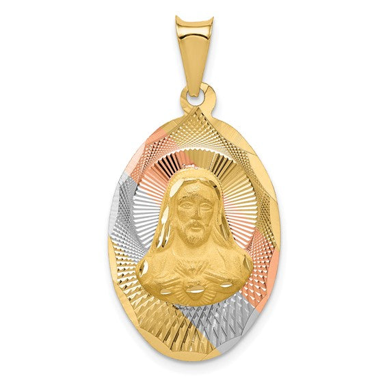 14KT w/Rose and White Rhodium D/C Sagrado Corazon Oval Pendant