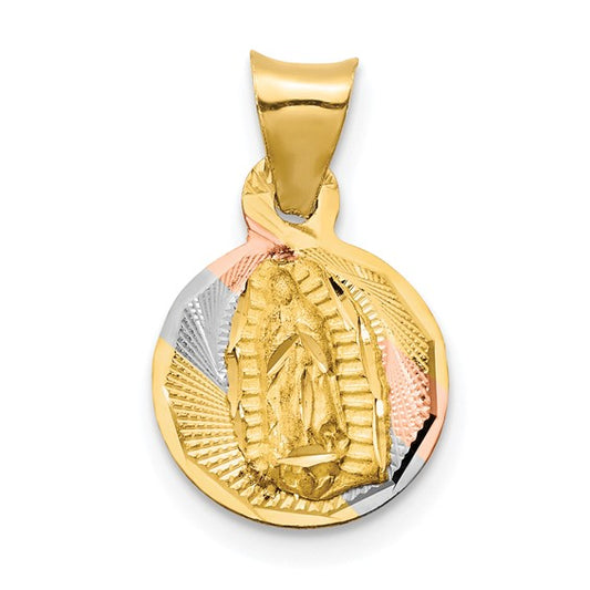 14KT Yellow Gold w/Rhodium Polished D/C Lady Of Guadalupe Circle Pendant