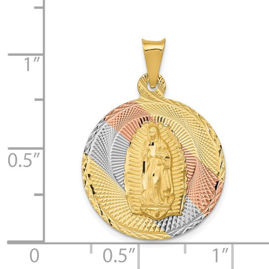 14kt Yellow Gold w/Rhodium Polished D/C Lady Of Guadalupe Circle Pendant