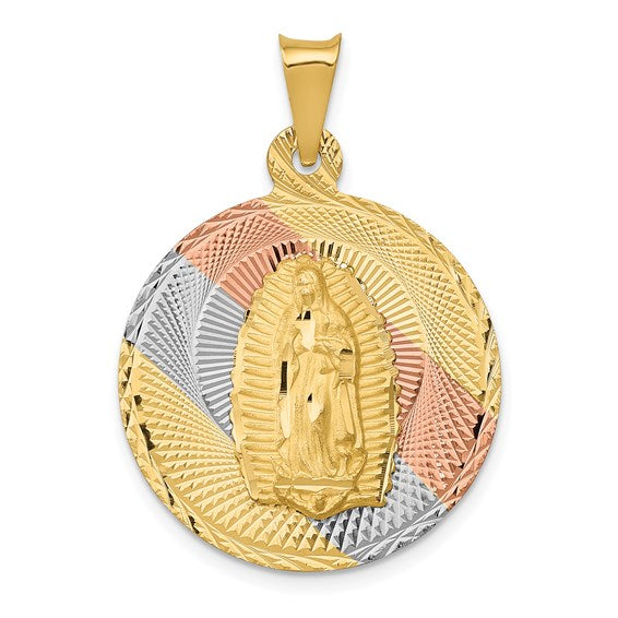 14kt Yellow Gold w/Rhodium Polished D/C Lady Of Guadalupe Circle Pendant