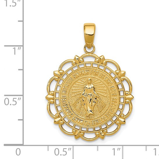 14KT Yellow Gold Polished Miraculous Medal With Scallop Frame Pendant