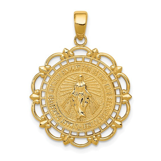 14KT Yellow Gold Polished Miraculous Medal With Scallop Frame Pendant