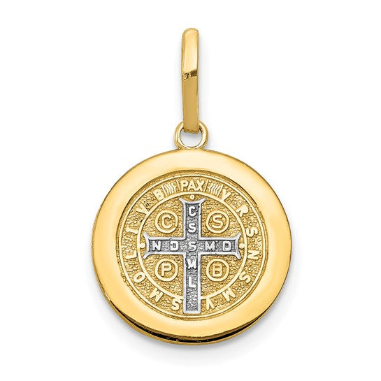 14kt Yellow Gold With Rhodium Circle St. Benedict Medal Pendant