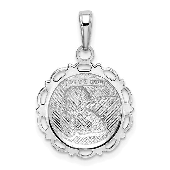 14kt White Gold Polished Angel/Cherub on Round Scallop Frame Pendant