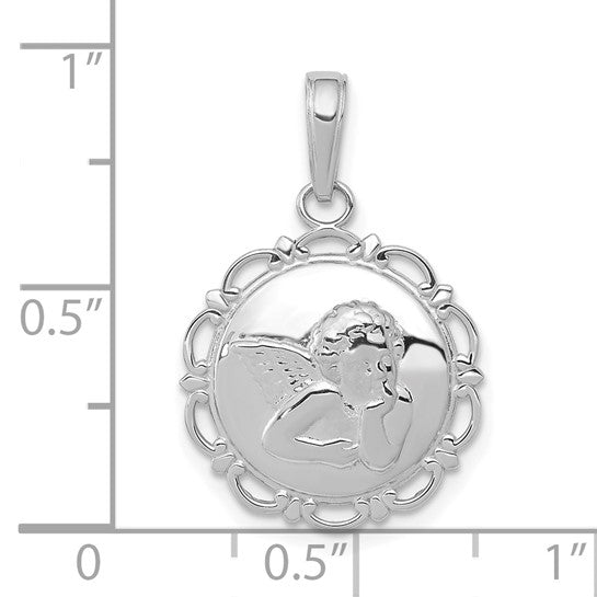 14kt White Gold Polished Angel/Cherub on Round Scallop Frame Pendant