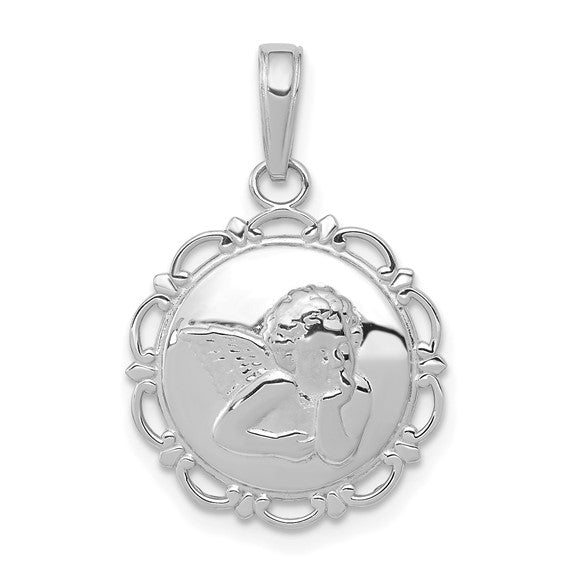 14kt White Gold Polished Angel/Cherub on Round Scallop Frame Pendant