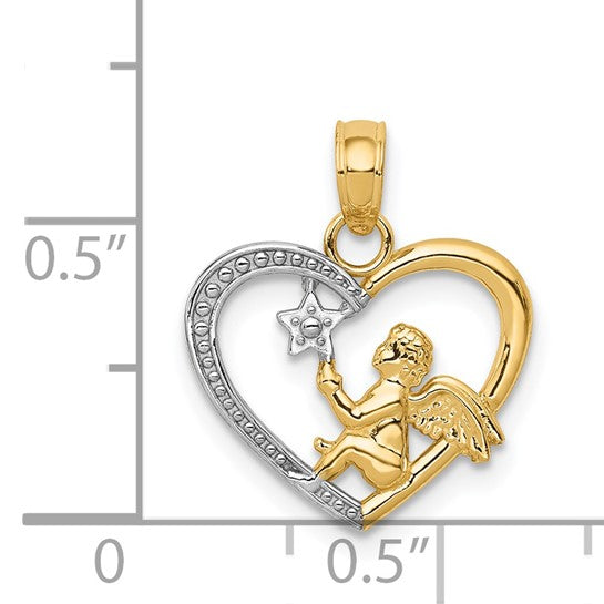 14kt Yellow Gold w/Rhodium Angel in Heart w/ Star Pendant
