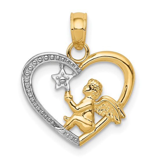 14kt Yellow Gold w/Rhodium Angel in Heart w/ Star Pendant