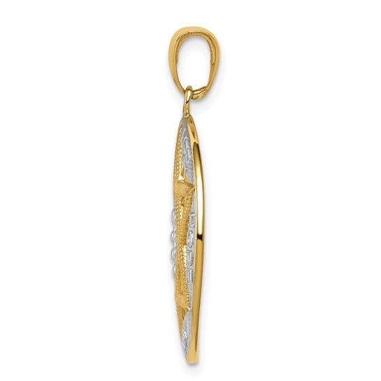 14kt w/Rhodium Polished Star of David w/Chai Round Pendant