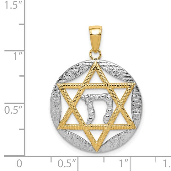 14kt w/Rhodium Polished Star of David w/Chai Round Pendant