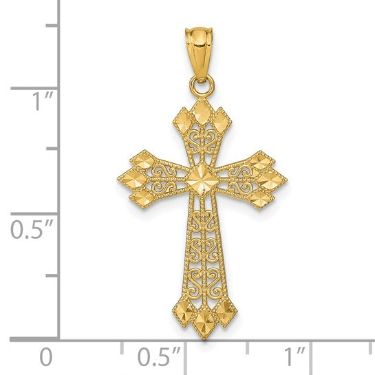 14kt Yellow Gold Diamond-cut Polished Filigree Cross Pendant
