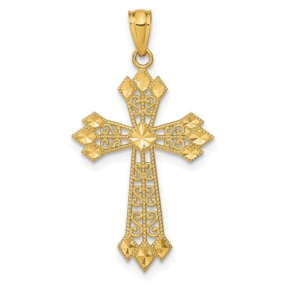 14kt Yellow Gold Diamond-cut Polished Filigree Cross Pendant