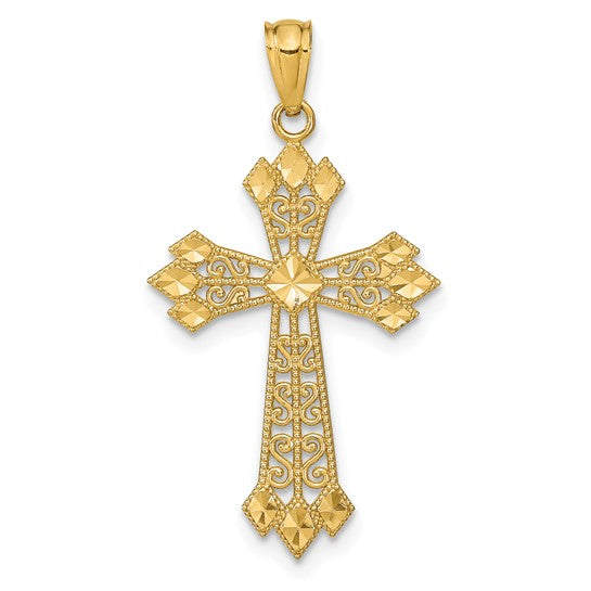 14kt Yellow Gold Diamond-cut Polished Filigree Cross Pendant