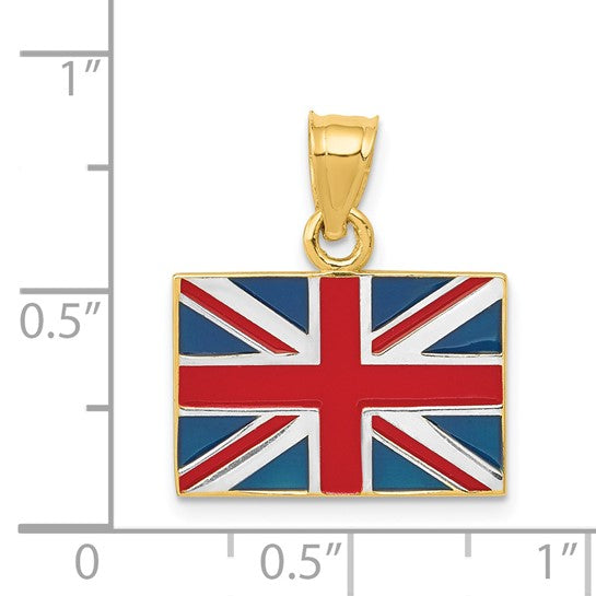14KT Yellow Gold w/Rhodium Solid Enameled United Kingdom Flag Pendant