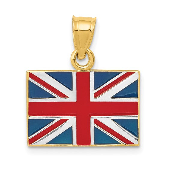 14KT Yellow Gold w/Rhodium Solid Enameled United Kingdom Flag Pendant
