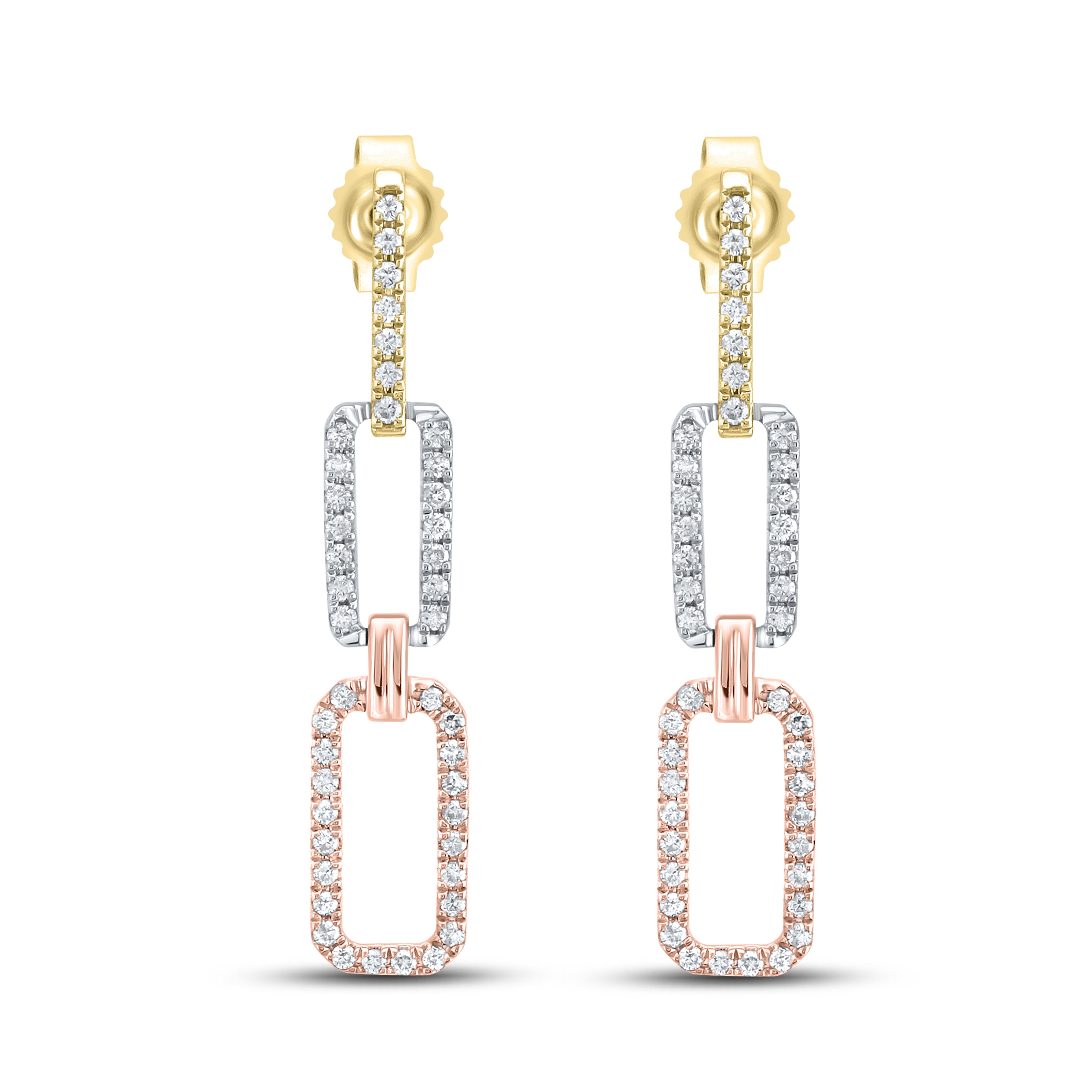 14k 0.25 CTW Diamond Tri Color Paper Clip Earrings