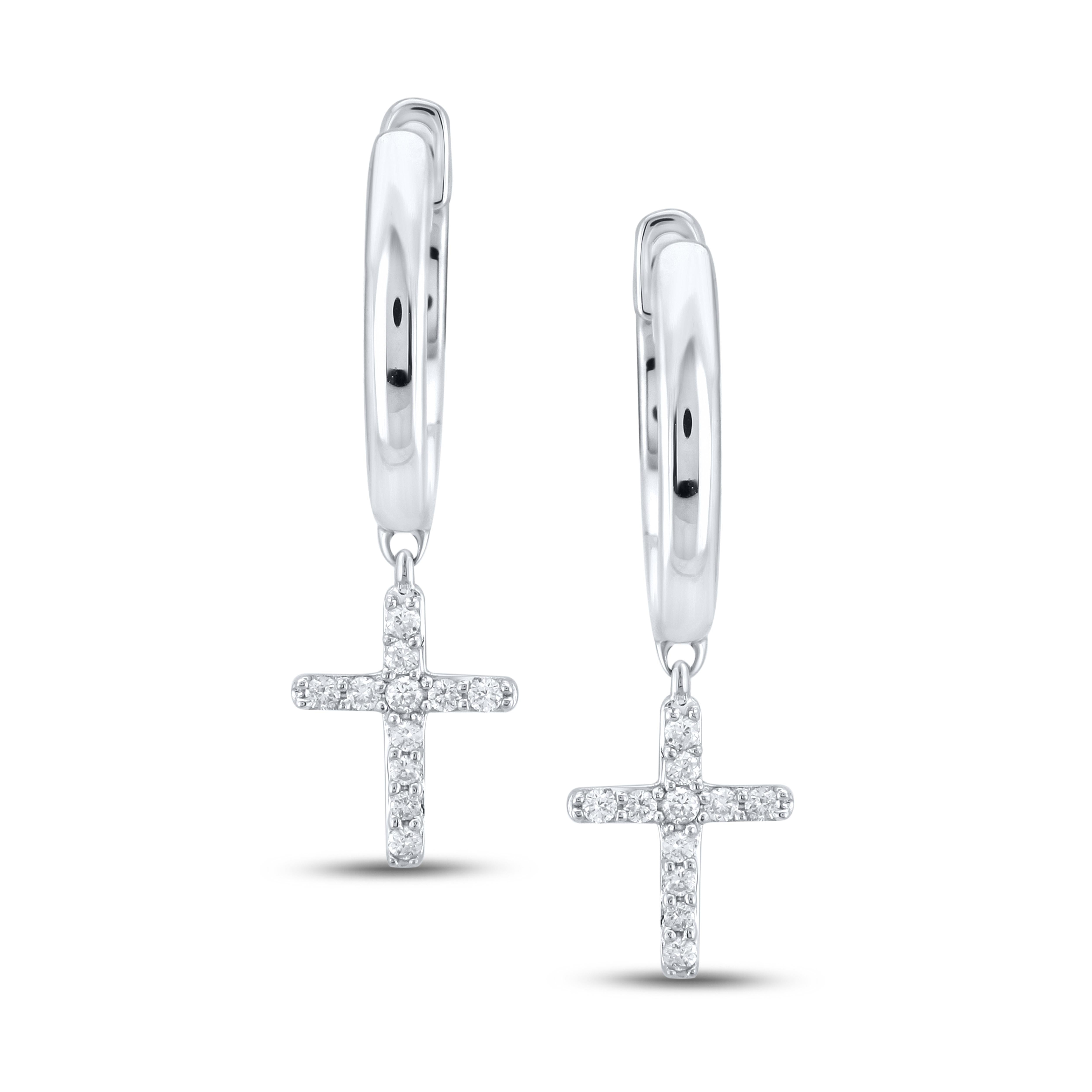 14k White Gold 0.10 CTW Diamond Cross Dangling Earring