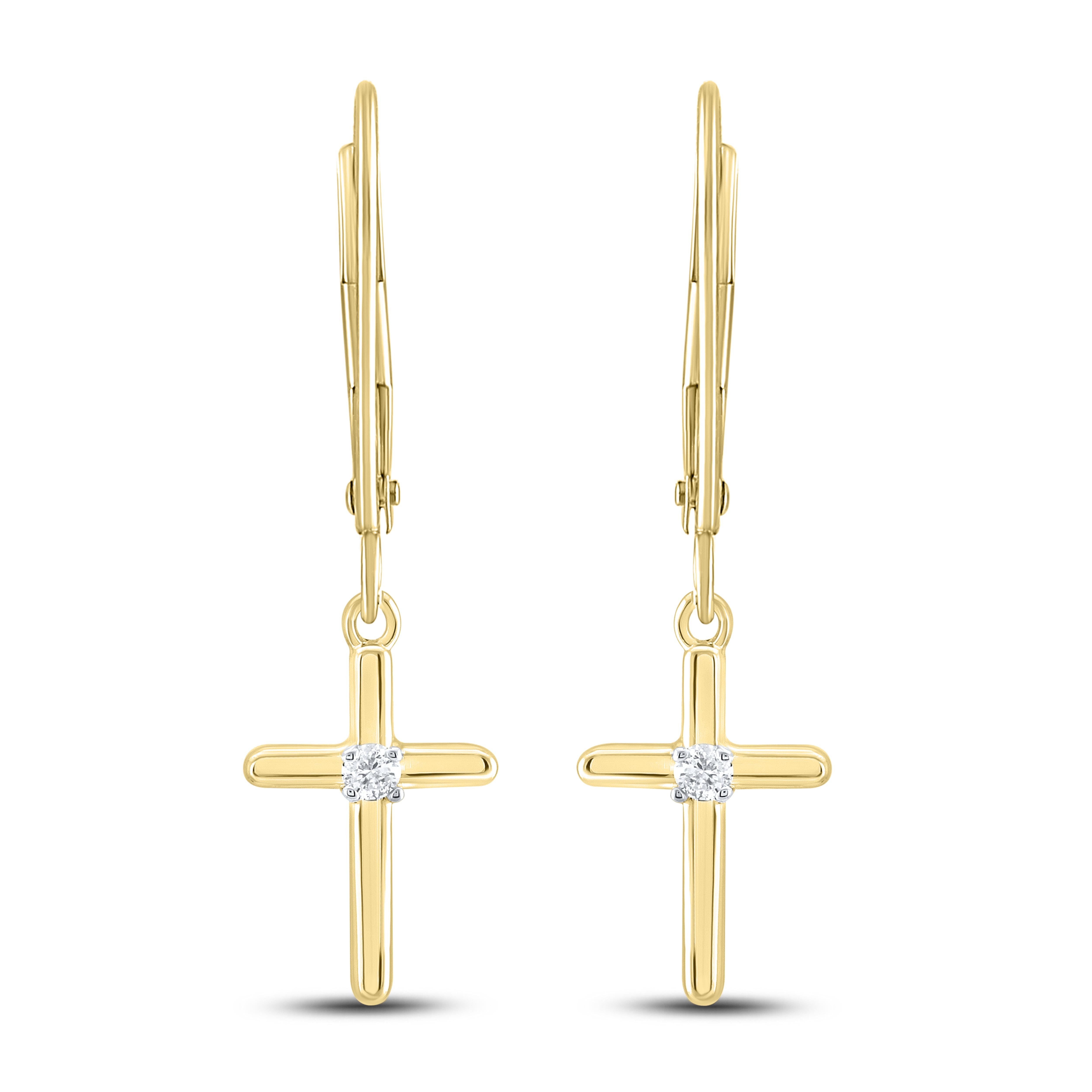 14kt Yellow Gold 0.05 CTW Diamond Cross Dangling Hoop Earring