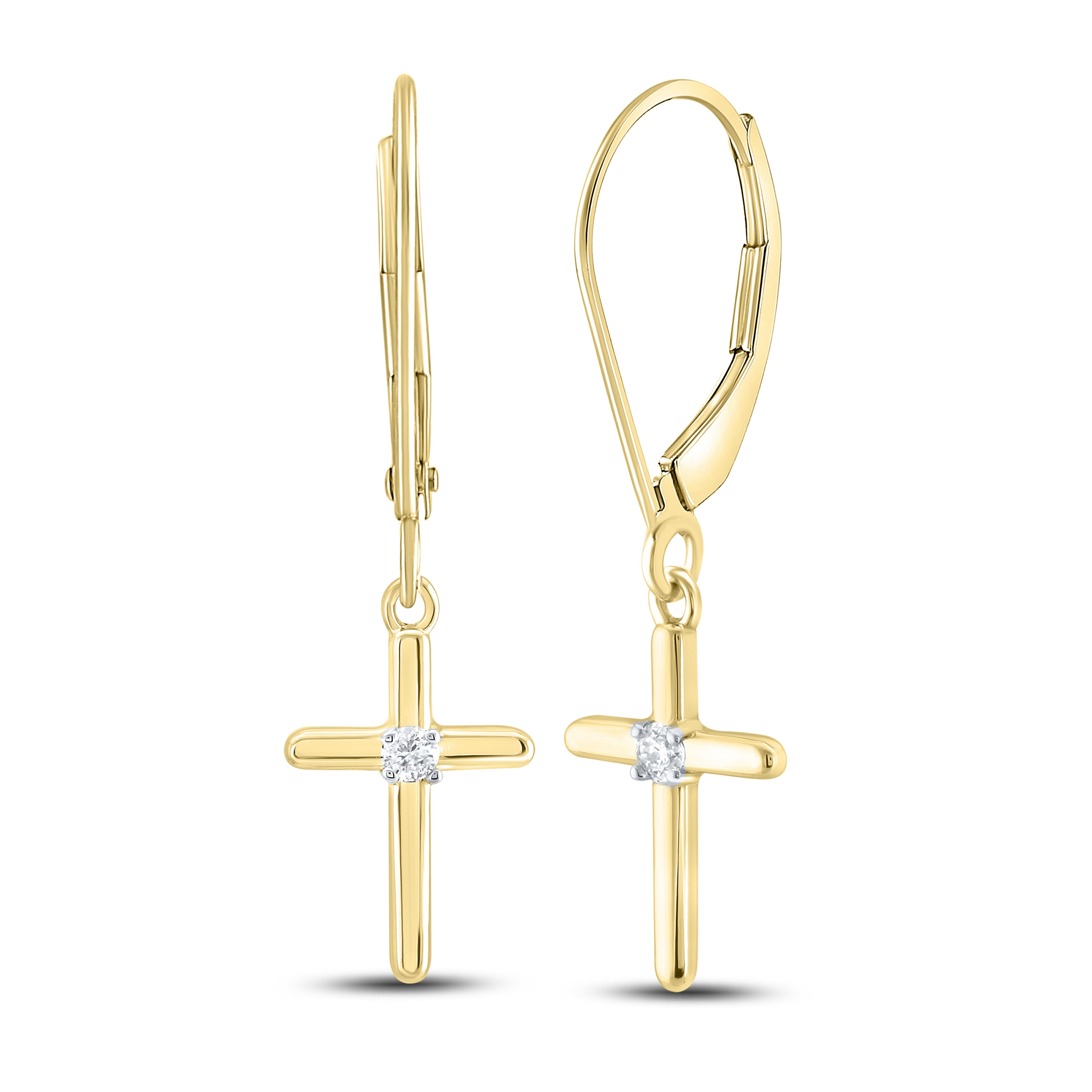 14kt Yellow Gold 0.05 CTW Diamond Cross Dangling Hoop Earring