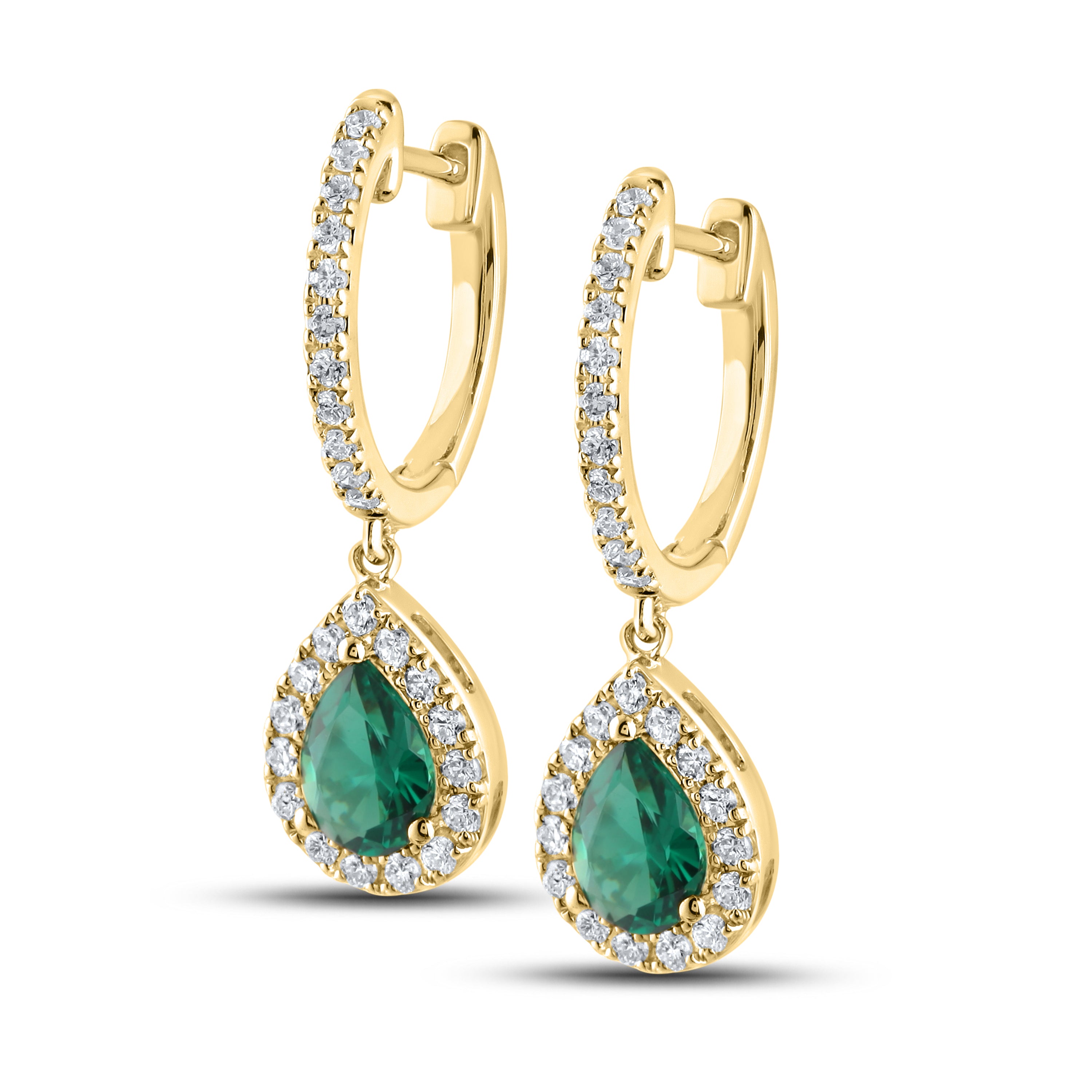 14KT YELLOW GOLD LAB CREATED EMERALD  0.50 CTW DIAMOND EARRINGS