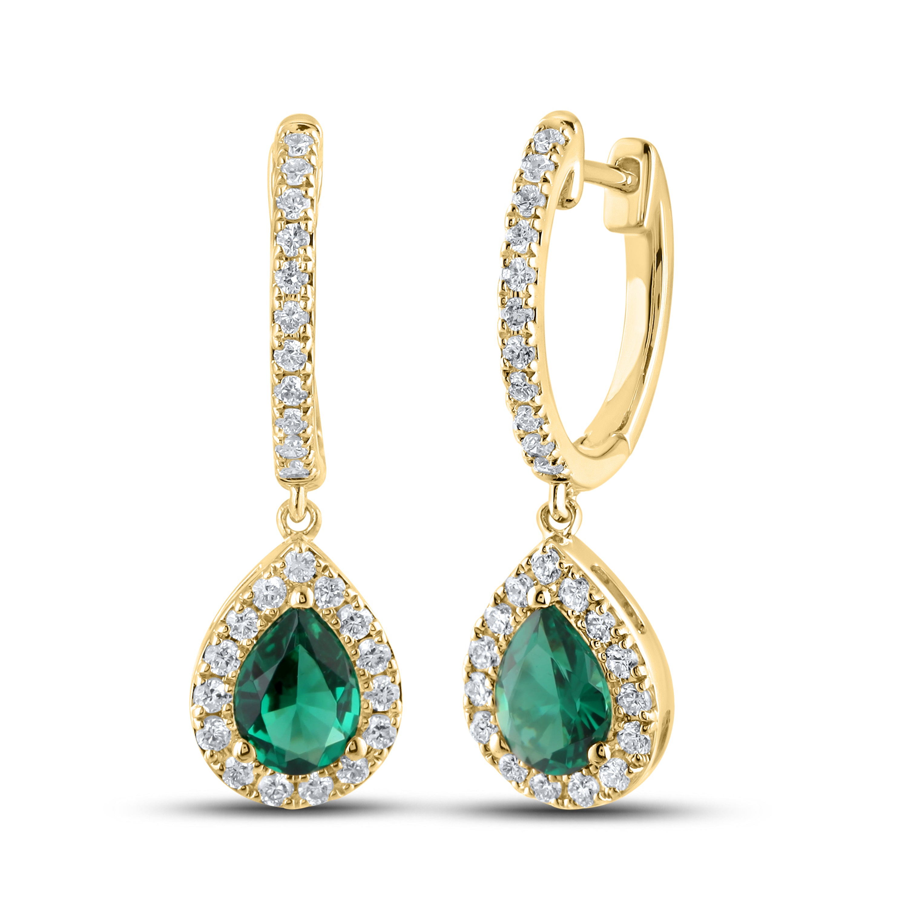 14KT YELLOW GOLD LAB CREATED EMERALD  0.50 CTW DIAMOND EARRINGS