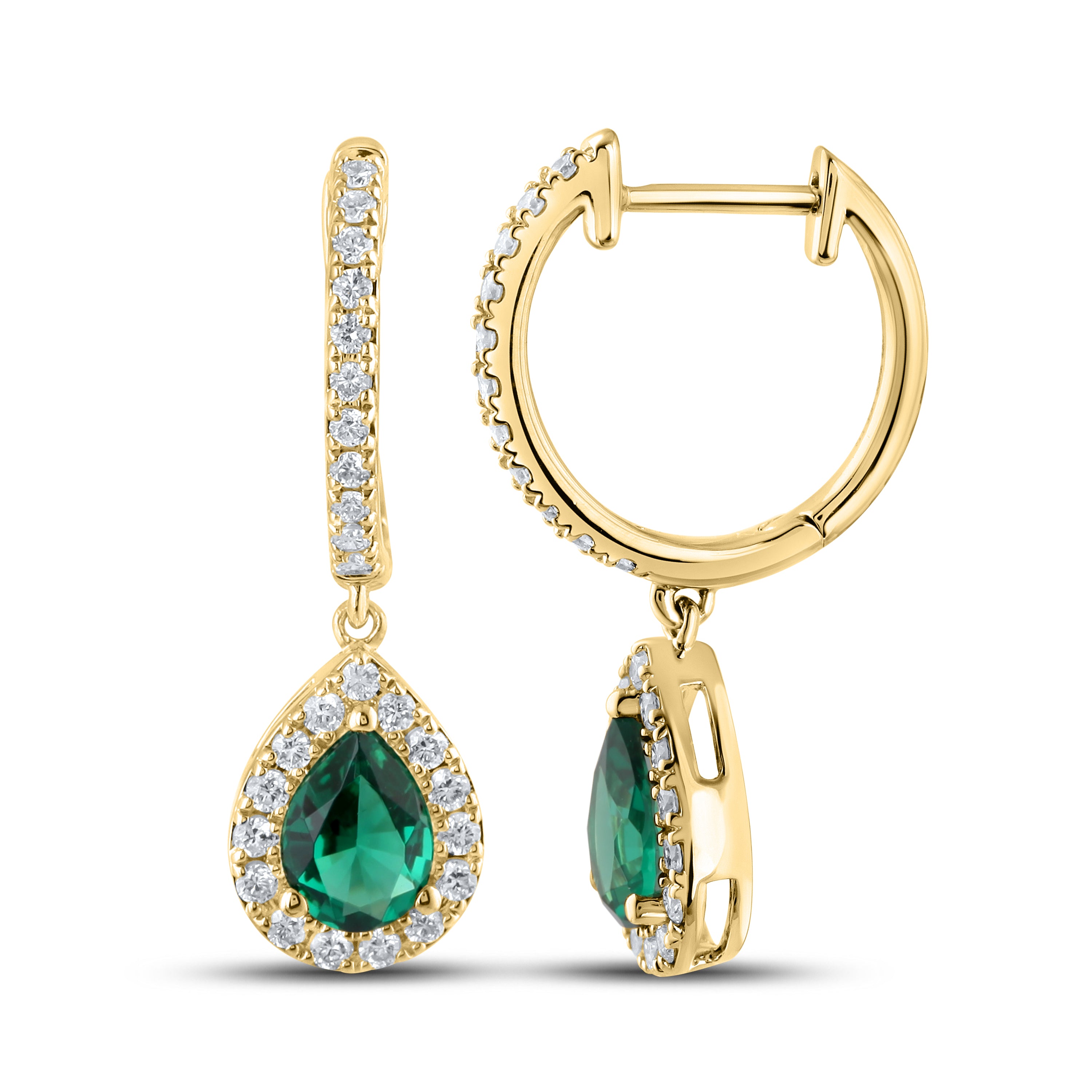 14KT YELLOW GOLD LAB CREATED EMERALD  0.50 CTW DIAMOND EARRINGS