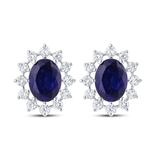 14KT WHITE GOLD LAB CREATED BLUE SAPPHIRE  0.62 CTW DIAMOND EARRINGS