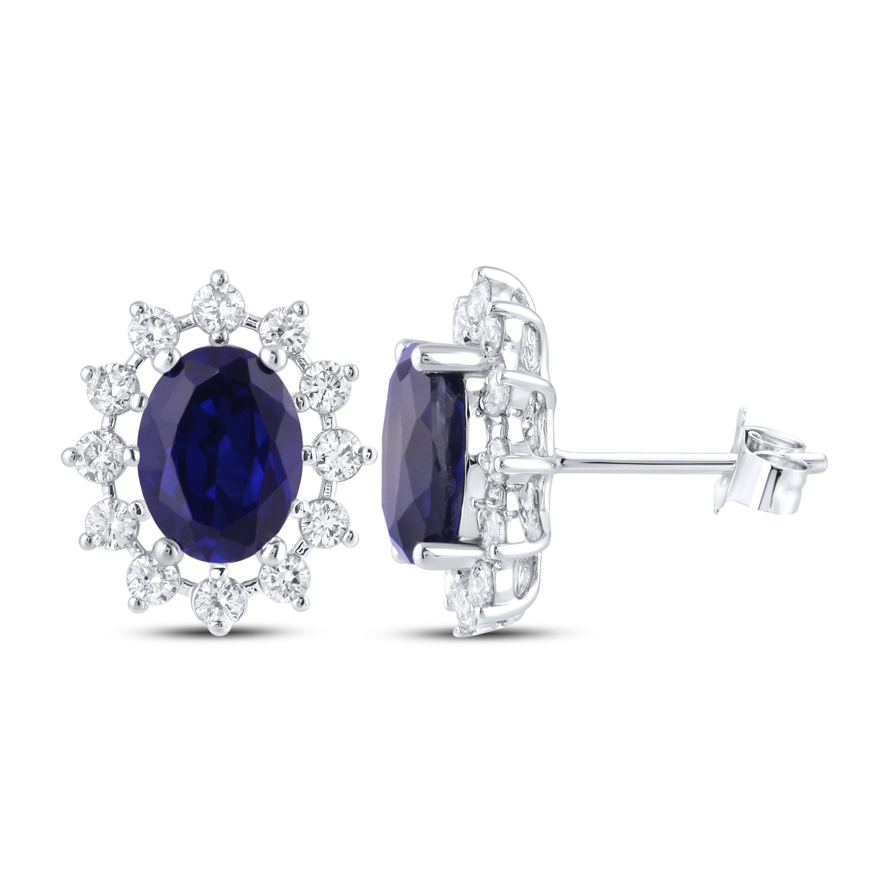 14KT WHITE GOLD LAB CREATED BLUE SAPPHIRE  0.62 CTW DIAMOND EARRINGS