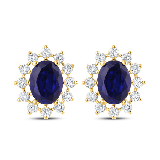 14KT YELLOW GOLD LAB CREATED BLUE SAPPHIRE  0.62 CTW DIAMOND EARRINGS