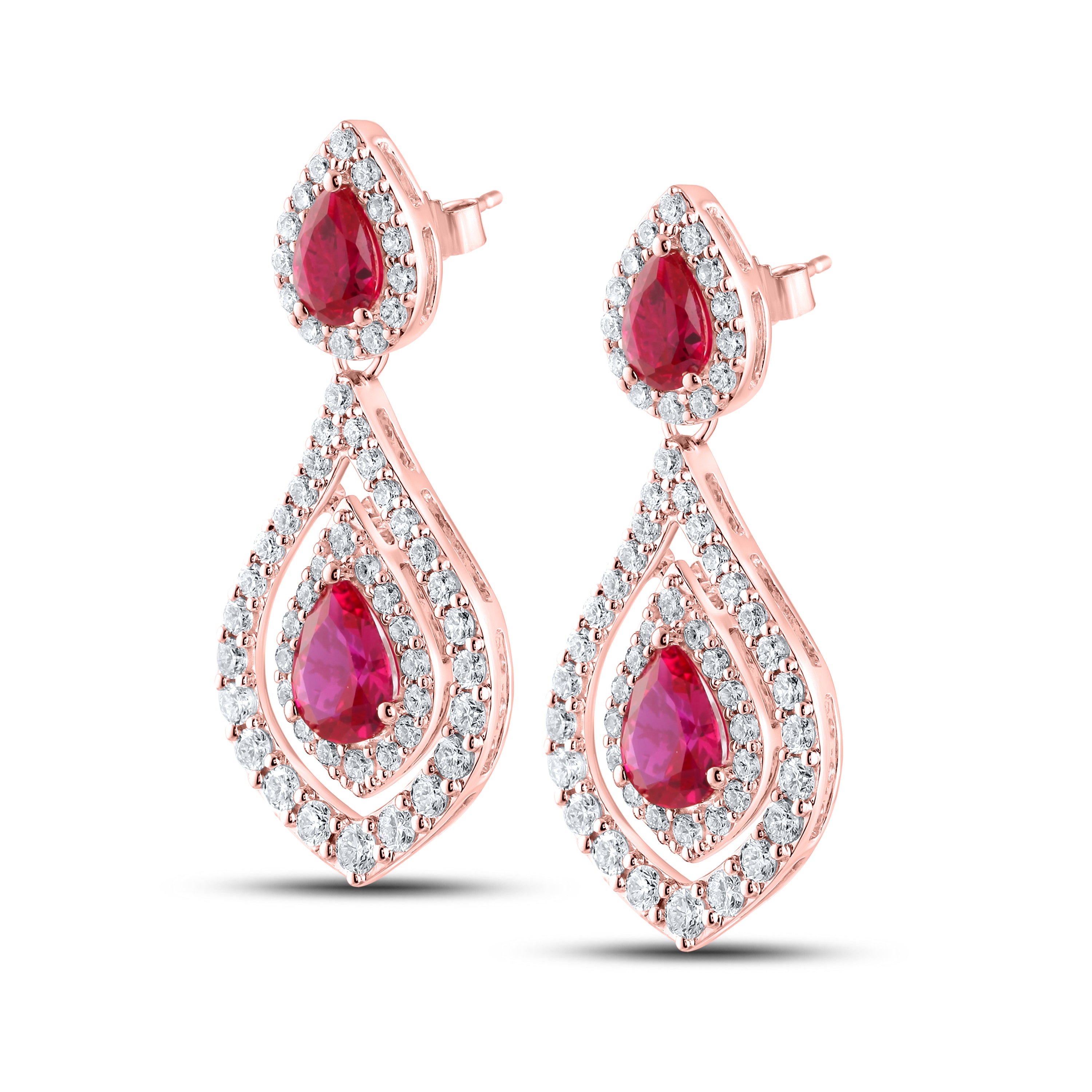 14KT ROSE GOLD LAB CREATED RUBY  1.50 CTW DIAMOND EARRINGS